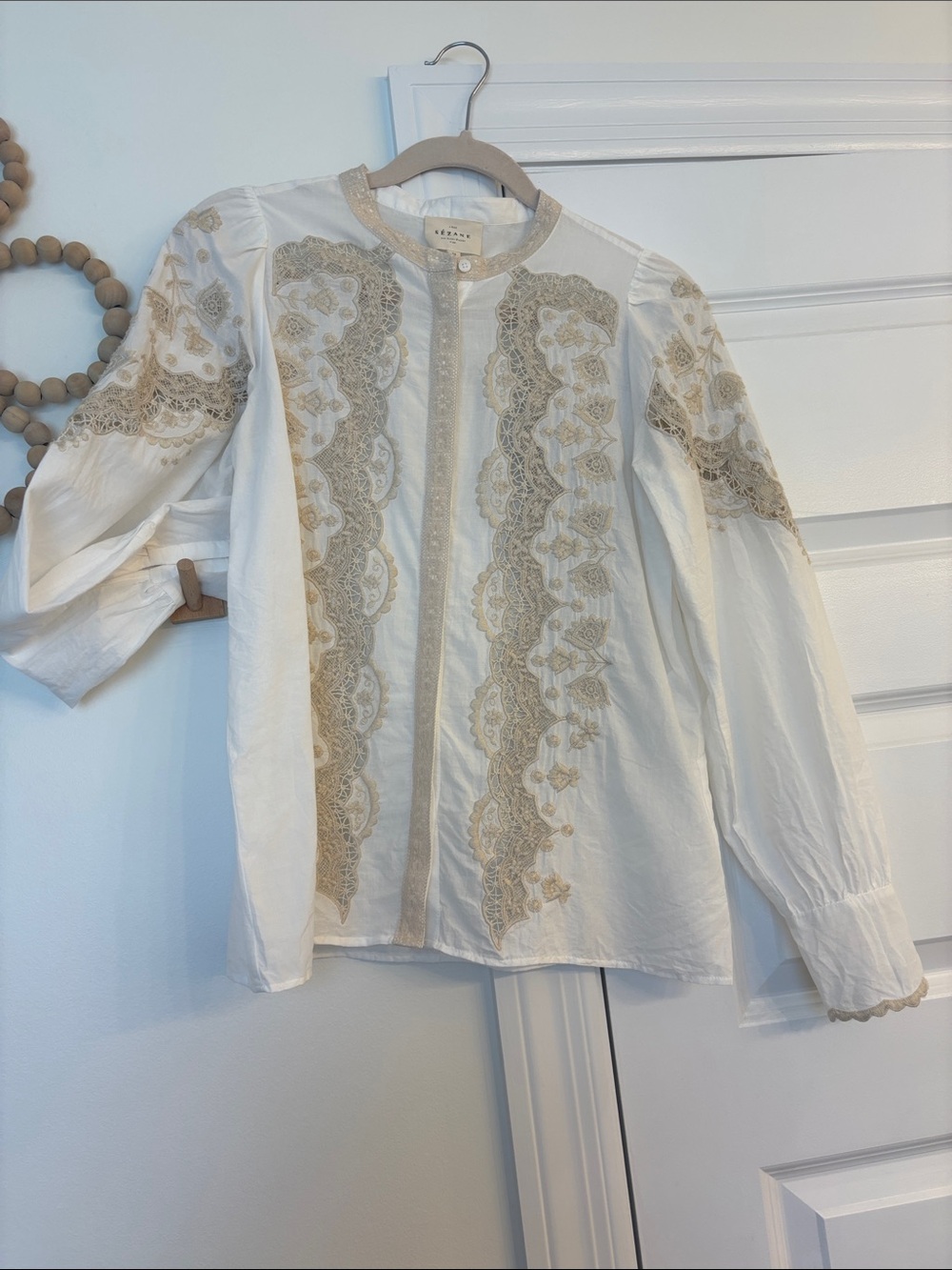 Sezane White Blouse with Beige Embroidered Trim